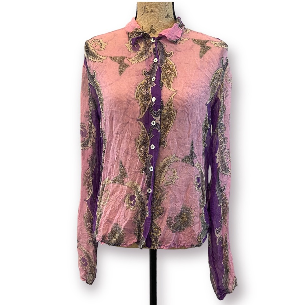 MEASURES Silk Paisley Semi Sheer Button Down Blouse Vintage 90’s Y2K Medium